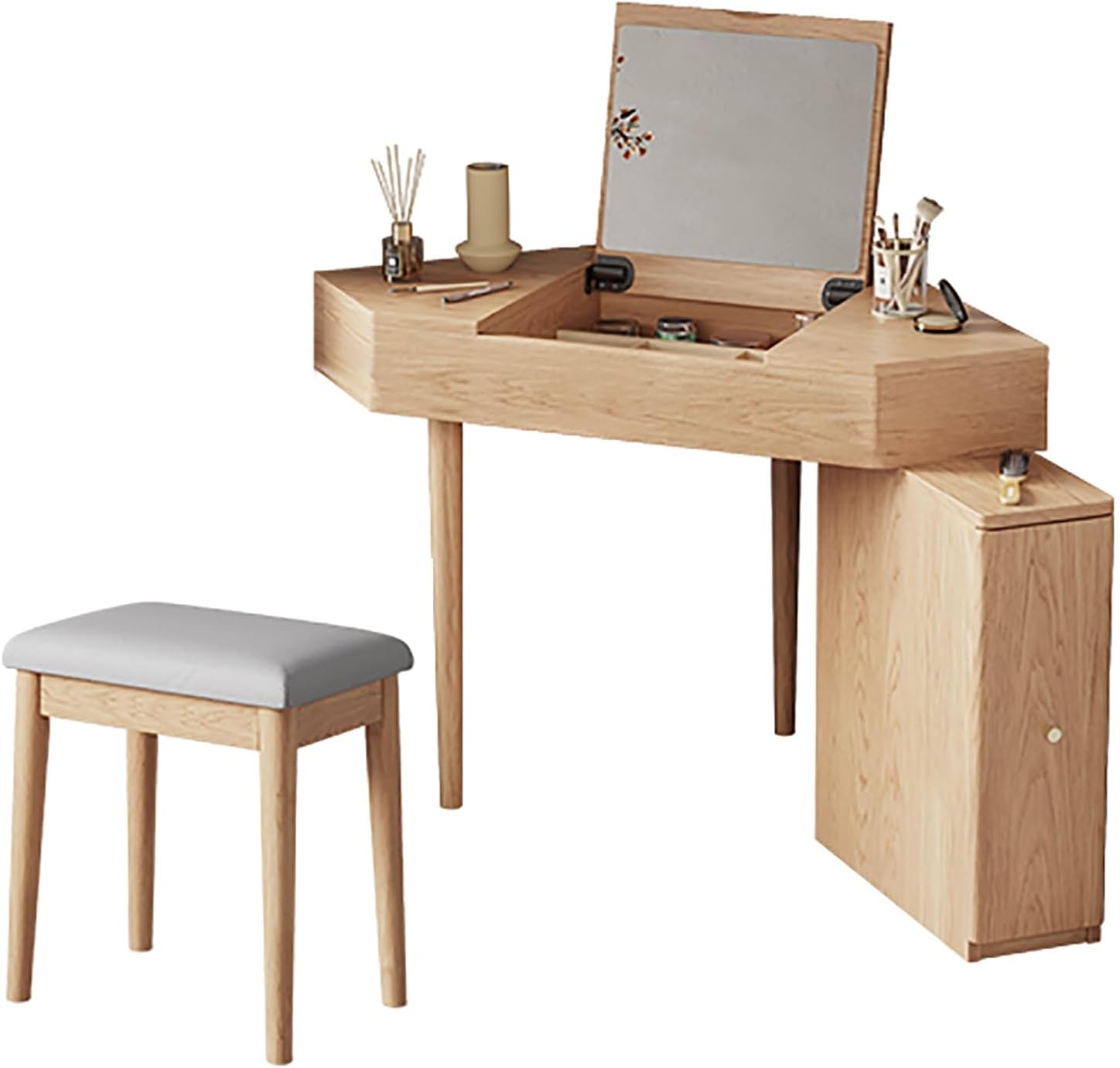 Corner Makeup Desk Vanity Cosmetics Table with Cushioned Stool and Side Cabinet Vanity HD Mirror Dressing Table Wooden Bedroom Vanity Table for Dressing Room Women Girls.，Wood 75x75x72cm