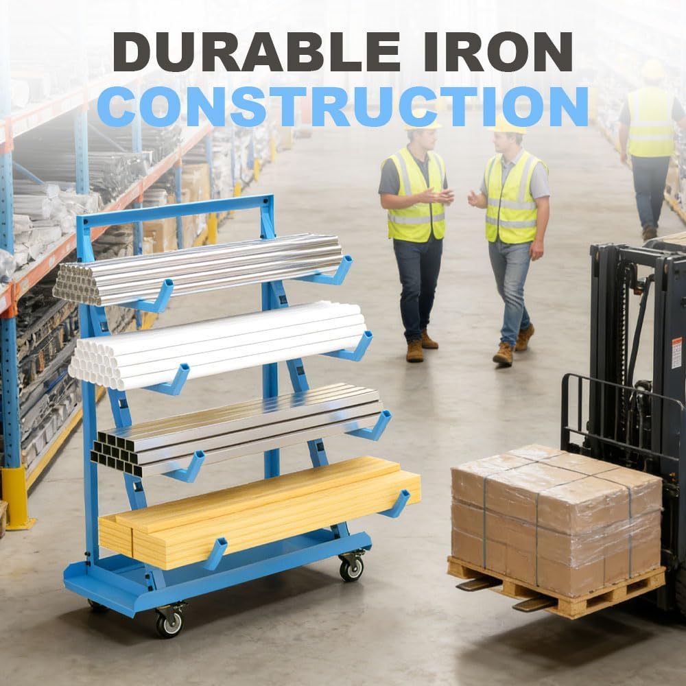 Yeeoy Rolling Horizontal Rack Pedestal with Wheels, Heavy Duty Pipe Rack Cart, Mobile Platform Base Industrial Bar Cradle Cart for Warehouse Garage Workshop Transportation, Blue
