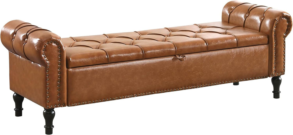 Faux Leather Storage Bench for Bed Room 67 Inch Upholstered Tufted Ottoman Bench with Arms King Size Large Storage Space End of Bed Benches for Bedroom Living Room Entryway Brown