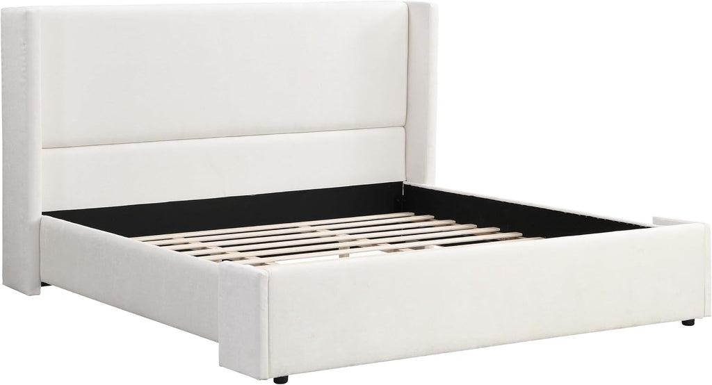 King Size Upholstered Bed Frame with Tall Headboard, Elegant White Fabric Platform Bed, Sturdy Wood Slats Support, No Box Spring Needed, Modern Bedroom, King, White