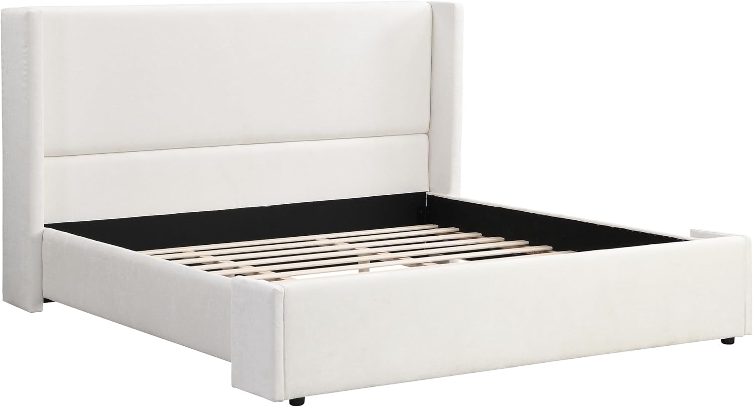 King Size Upholstered Bed Frame with Tall Headboard, Elegant White Fabric Platform Bed, Sturdy Wood Slats Support, No Box Spring Needed, Modern Bedroom, King, White