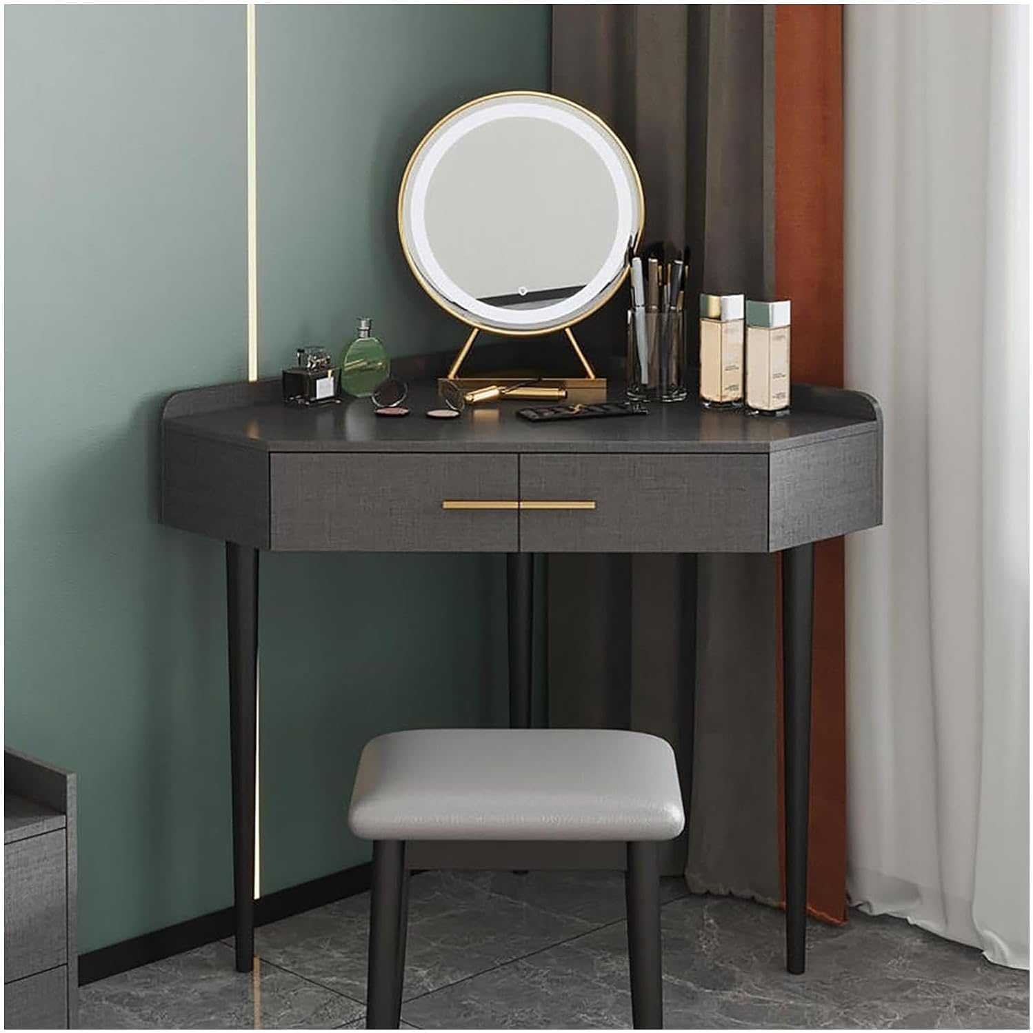 Rieort Makeup Table Adjustable Brightness Mirror Vanity Benches with 2 Drawers Vanity Desk Padded Stool Home Vanity Table Set