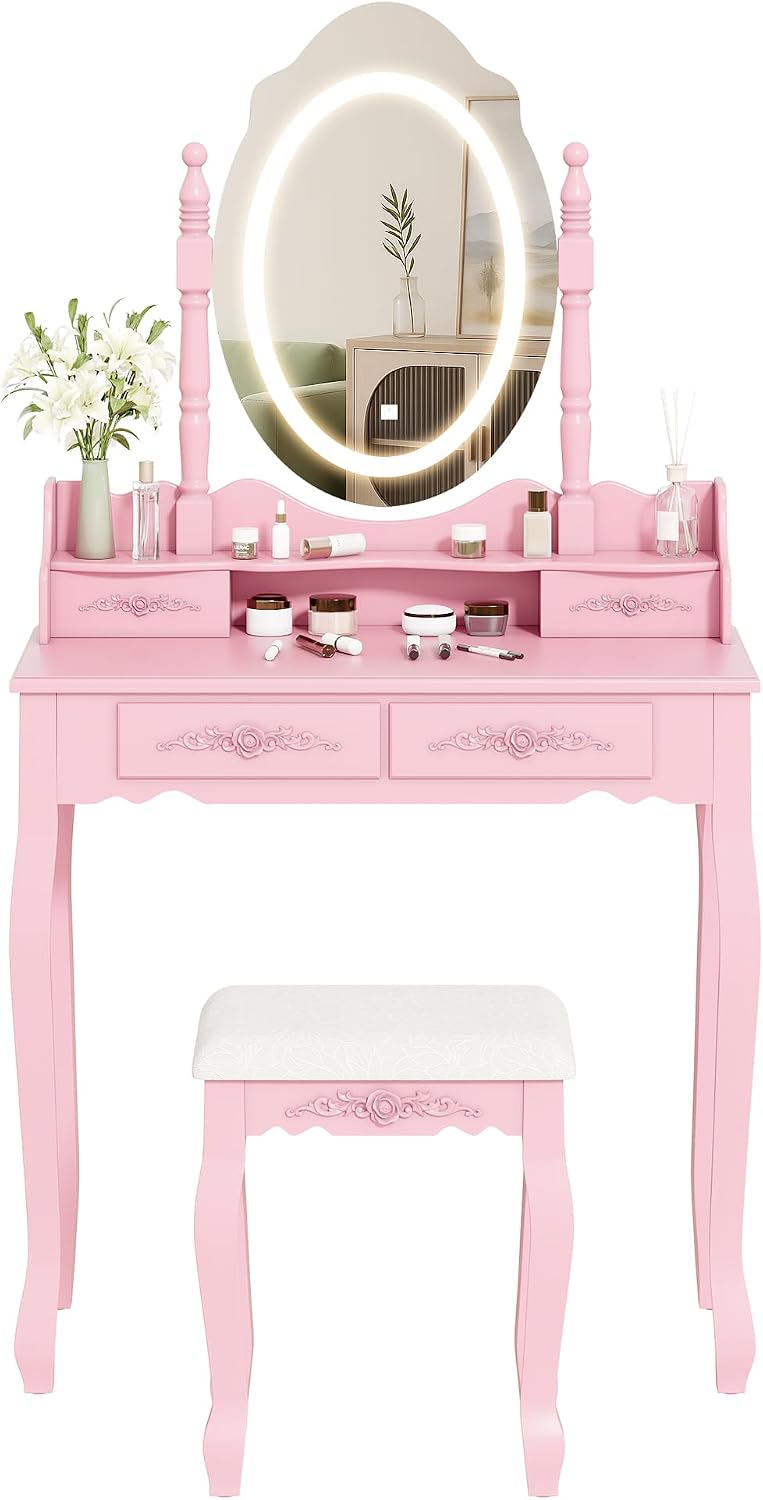 Whalefall Vanity Desk with Mirror and 3 Lights Modes, Makeup Vanity with Cushioned Stool, 4 Storage Drawers Makeup Table for Women and Girls, Bedroom or Dorm Guest Room