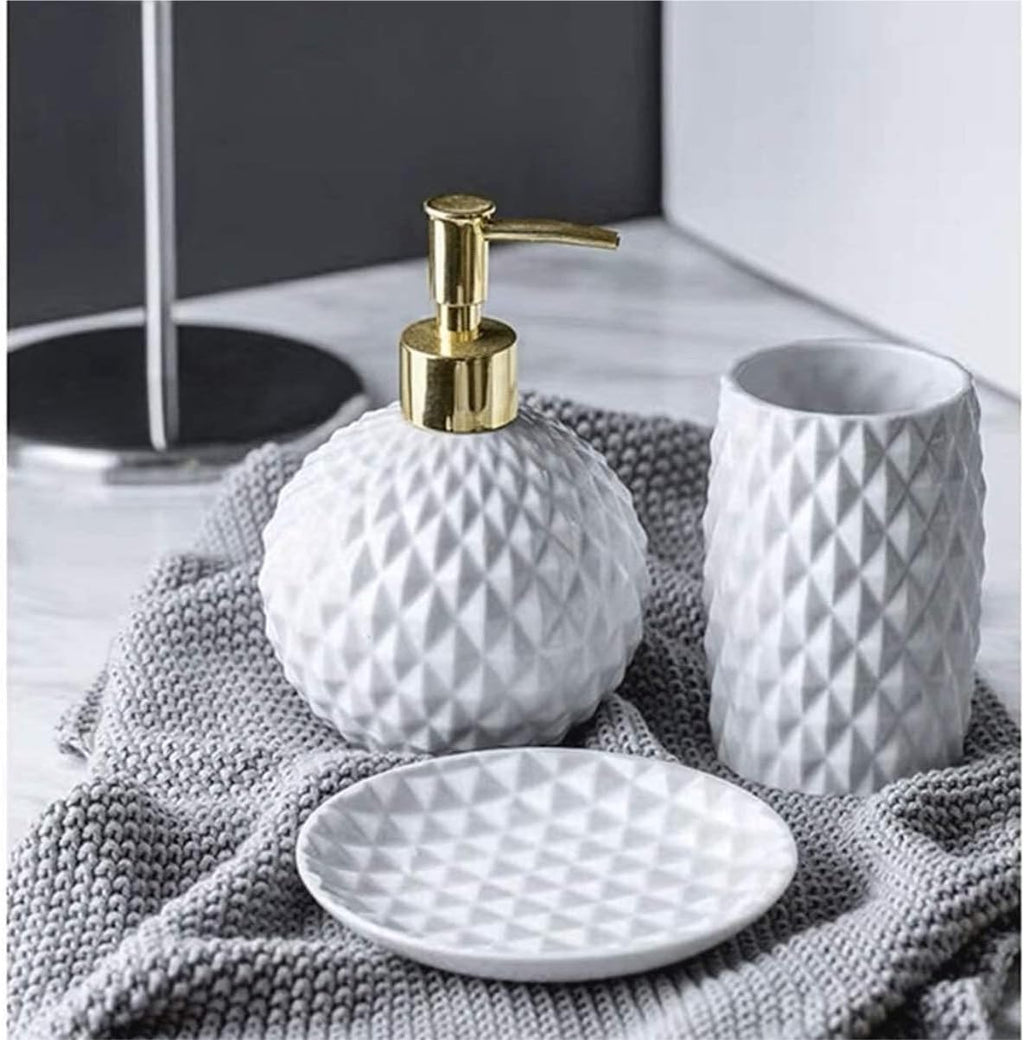 Vanity Bathroom Decor, 5pcs Ceramic Bathroom Accessories Set Geometric Bathroom Set Includes Lotion Dispenser Pump Tumbler Housewarming Gift
