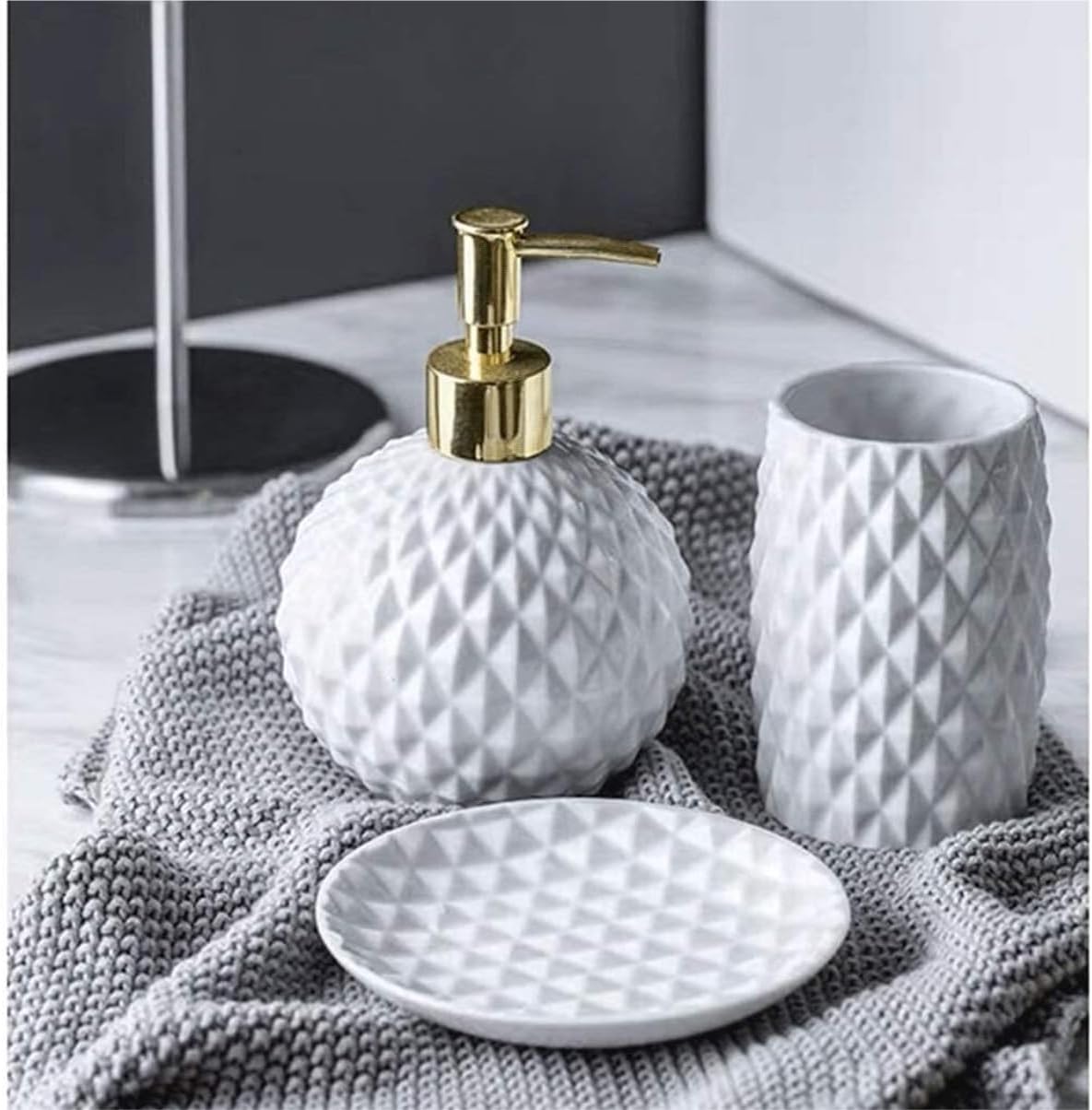 Vanity Bathroom Decor, 5pcs Ceramic Bathroom Accessories Set Geometric Bathroom Set Includes Lotion Dispenser Pump Tumbler Housewarming Gift
