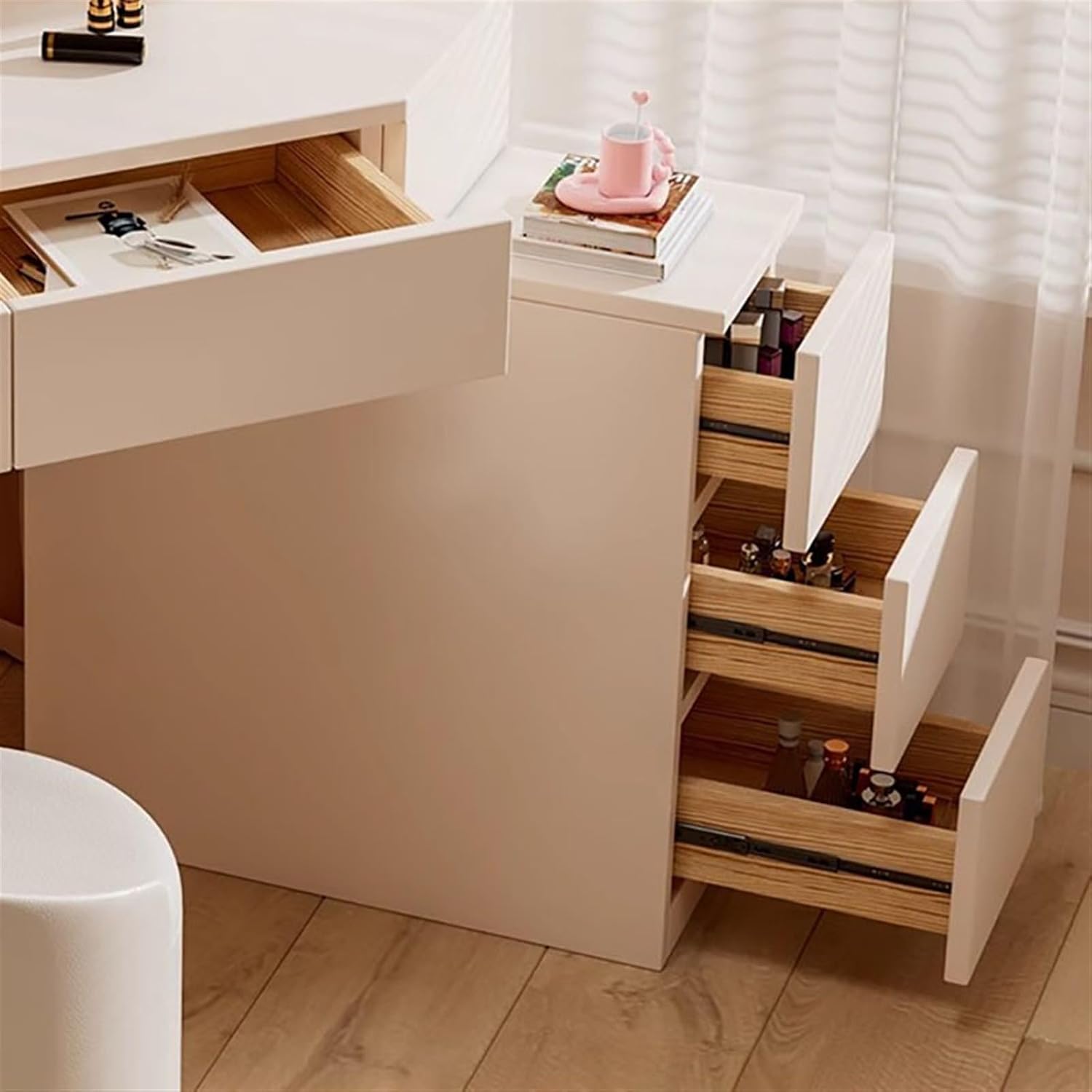 Makeup Vanity Desk Modern Vanity Desk, White Corner Table, Small Space Makeup with Mirror and 5 Drawers(Medium)