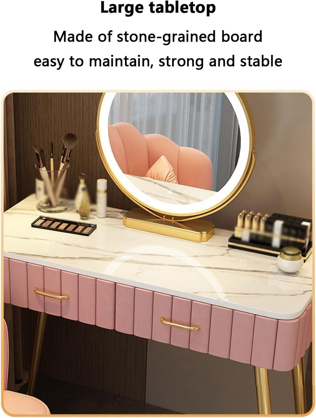 Vanity Desk with Lights Makeup Desk White Vanity with Lighted Mirror Small Vanity Desk Round Table Corner Design Wide Tabletop Stable Support Stylish Matching Suitable fo,D-80 * 40 * 76 cm