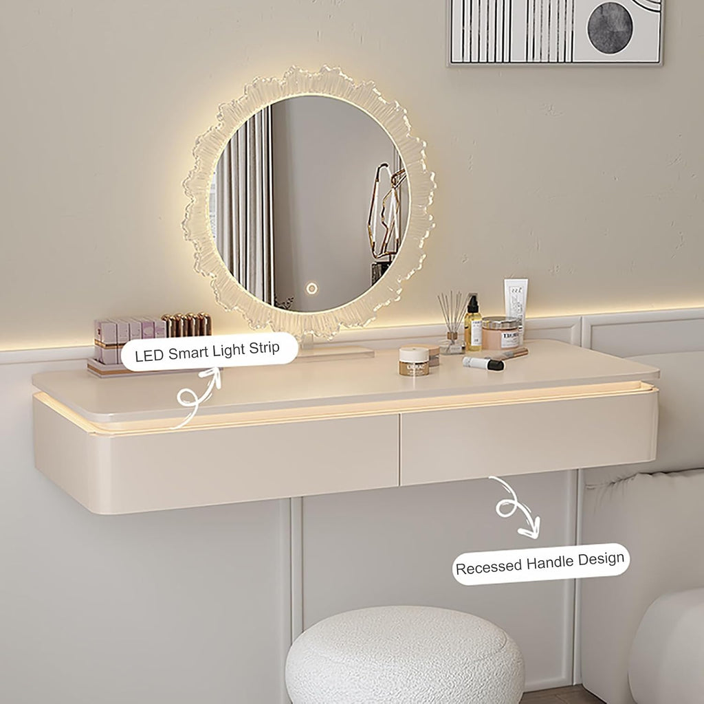White Corner Floating Makeup Vanity, Wall-Mounted Vanity Desk with Lights, Floating Corner Desk for Bedroom, Dressing Room, or Small Spaces(100cm/39.3in)