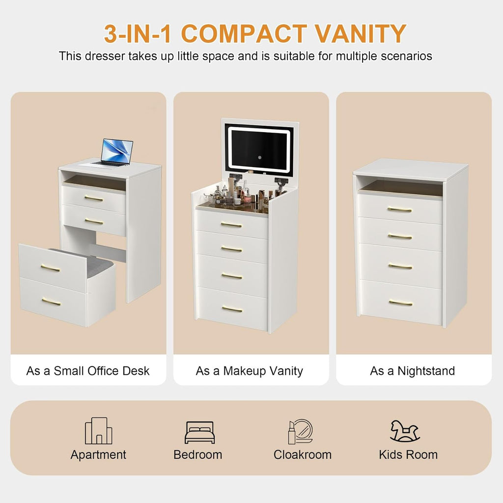 KEIKI 3 in 1 Make Up Vanity Desk with Open Top Mirror, Nesting Stool, Visible Glass Desktop & 3 Storage Drawers, 3 Lighting Color, Makeup Dresser Table or Nightstand for Bedroom, Dressing Room