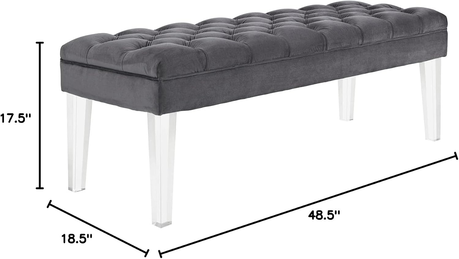 Modway Valet Tufted Button Performance Velvet Upholstered Bedroom Or Entryway Bench with Acrylic Legs in Gray