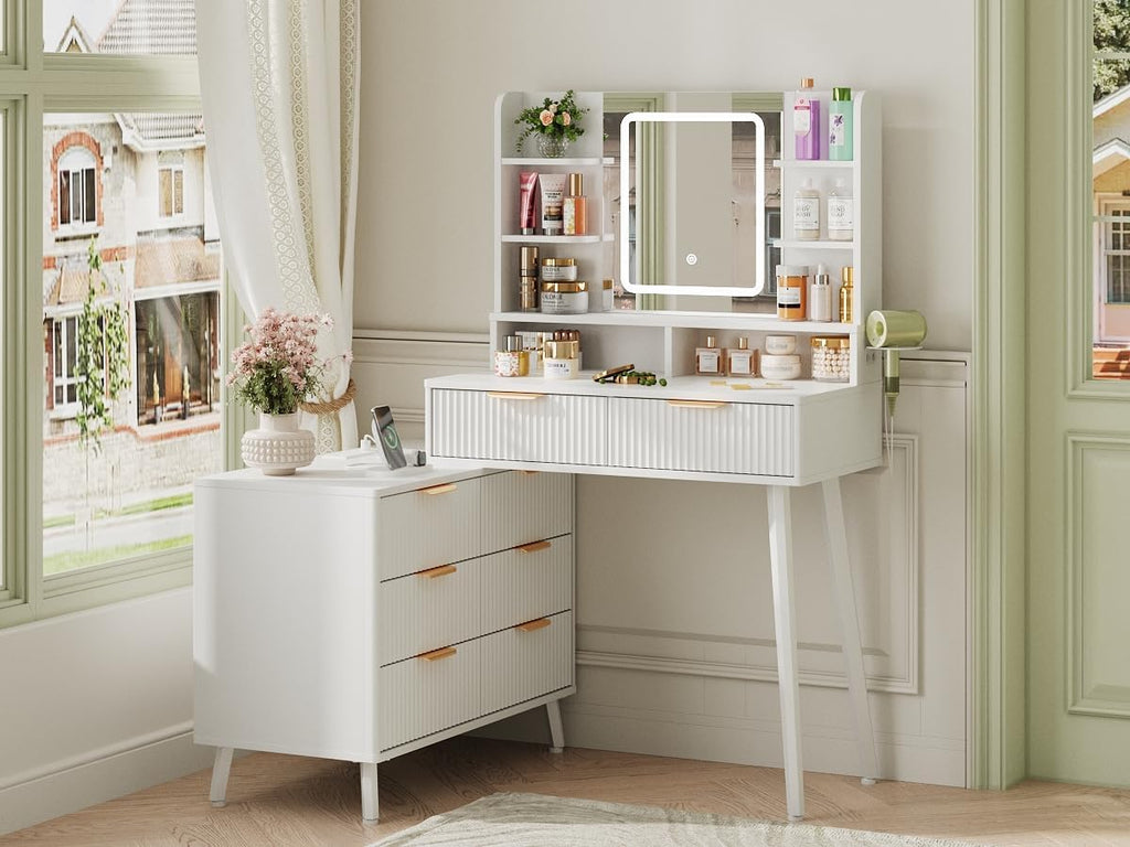 Maupvit Vanity Desk with Mirror and Lights, Makeup Vanity with 8 Drawers & Shelves, Corner Vanity, L Shape Change & Storage, Dressing Table for Bedroom (White)