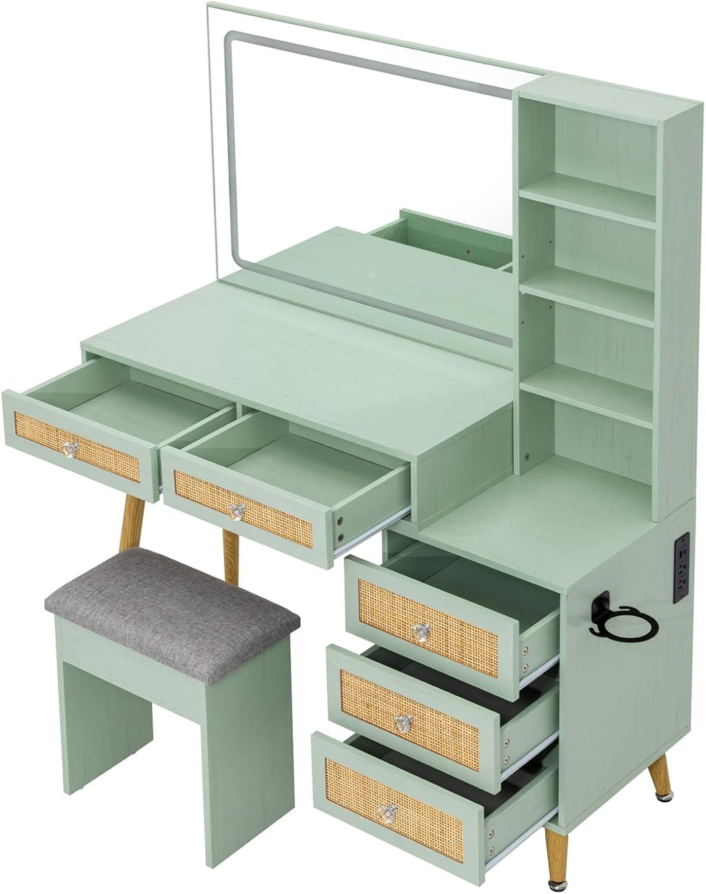 Brafab Makeup Vanity with Mirror and Lights, 43.3' Vanity with 31.5' Mirror, Large 5 Drawers Makeup Table with Adjustable Shelves and Charging Station, 3 Color Modes, Mint
