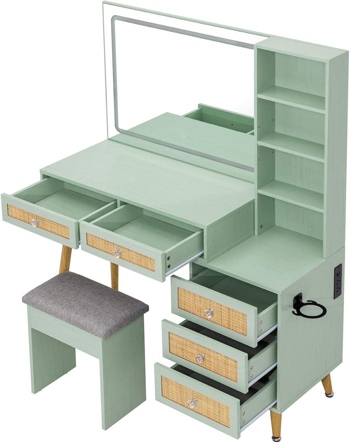 Brafab Makeup Vanity with Mirror and Lights, 43.3' Vanity with 31.5' Mirror, Large 5 Drawers Makeup Table with Adjustable Shelves and Charging Station, 3 Color Modes, Mint