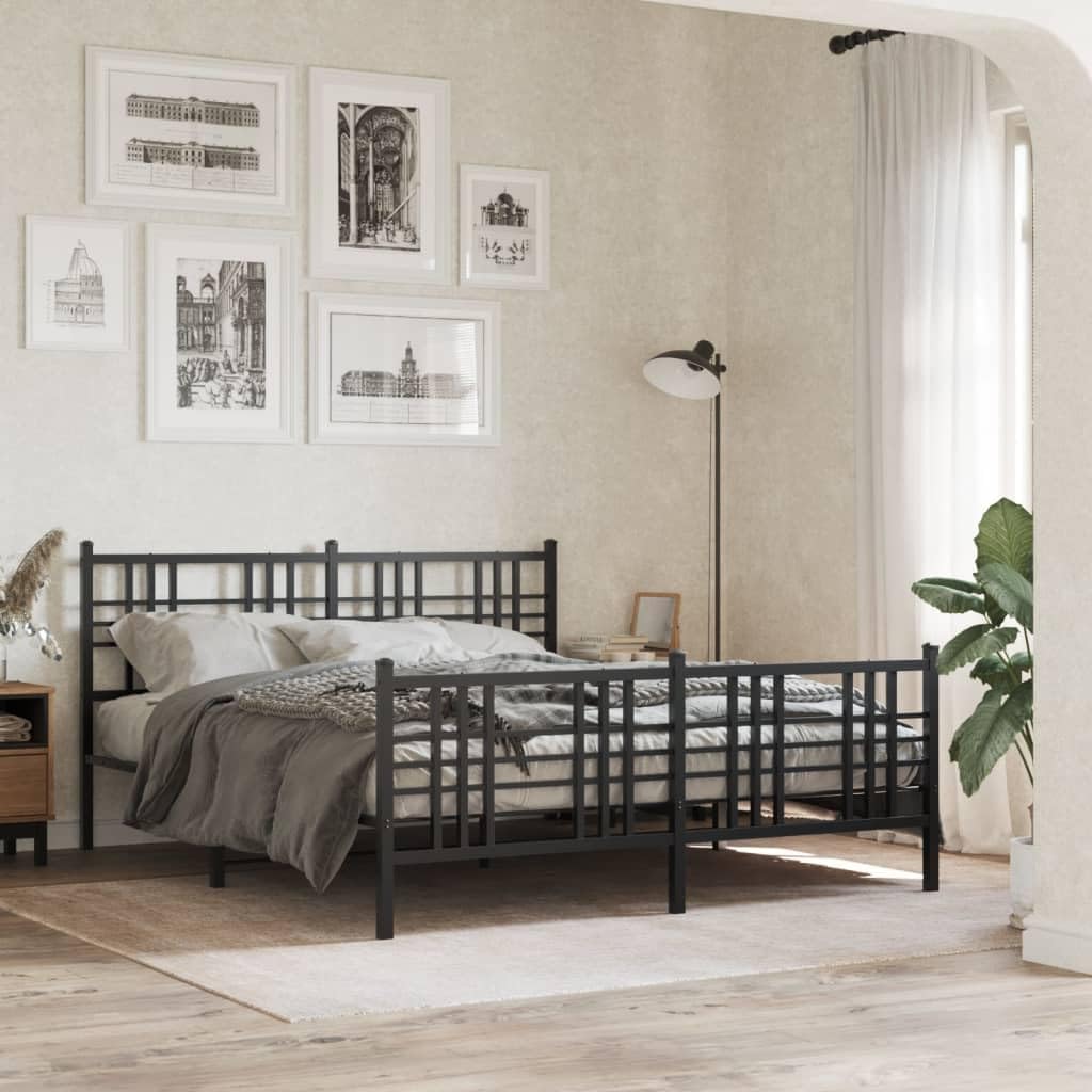 Black Steel Bed Frame King Size Rectangular Traditional Metal Frame Sturdy Construction Elegant Finish for Bedroom Mattress Support