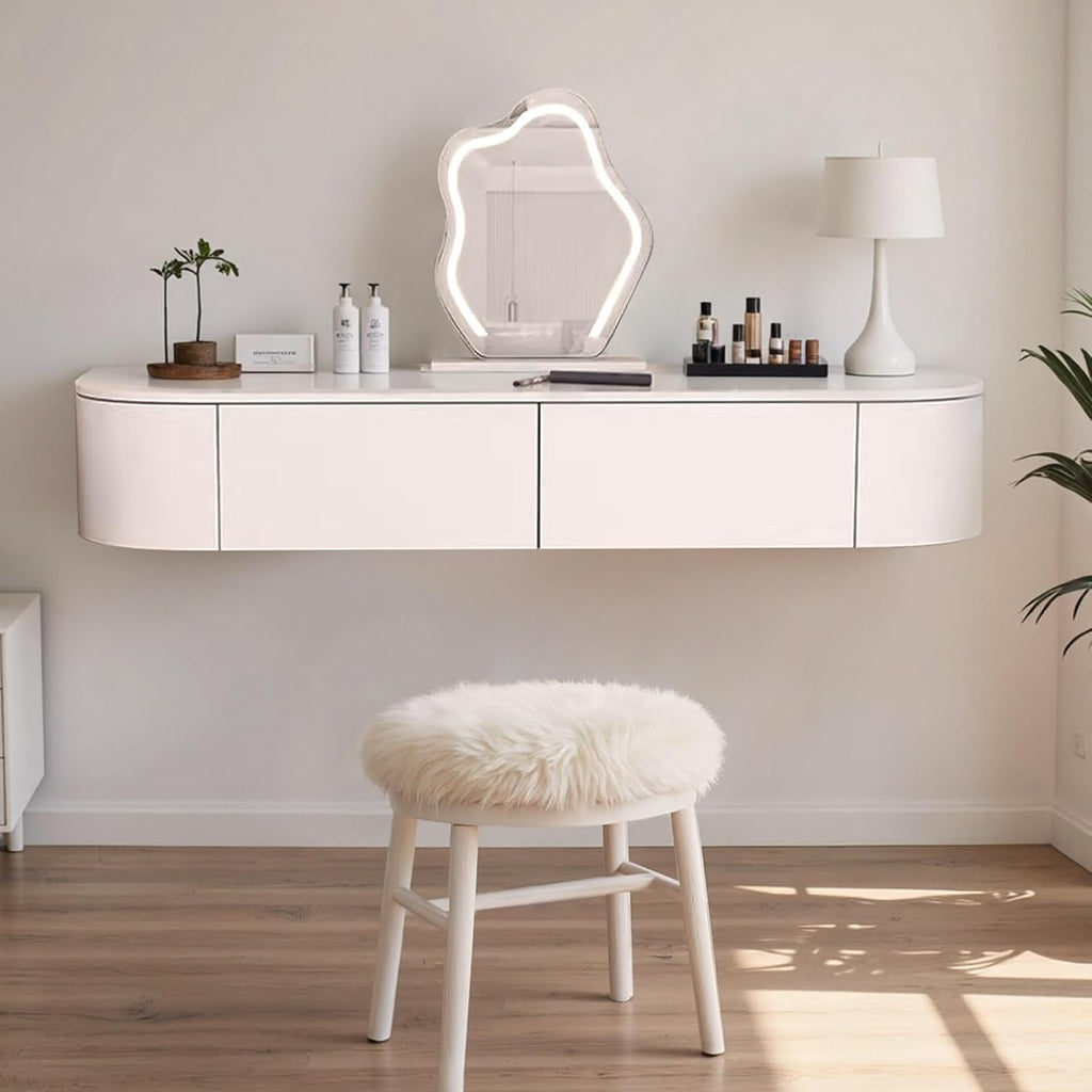 White Floating Vanity Makeup Table Wall Mounted Vanity Desk Wall-mounted Makeup Cabinet Dressing Floating Corner Desk Dresser Storage Set With Mirror And Lights Small Space Bedside Dressing Table(Free