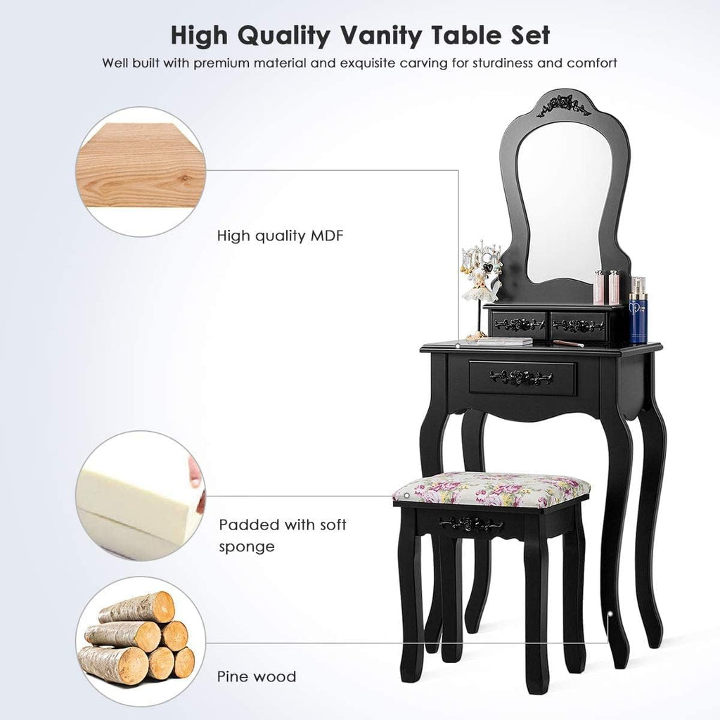 LDAILY Vanity Table Set with Cushioned Stool, Makeup Table with Clear Mirror & 3 Storage Drawers, Multipurpose Writing Desk, Bedroom Bathroom Small Space Dressing Table and Bench for Girl (Black)