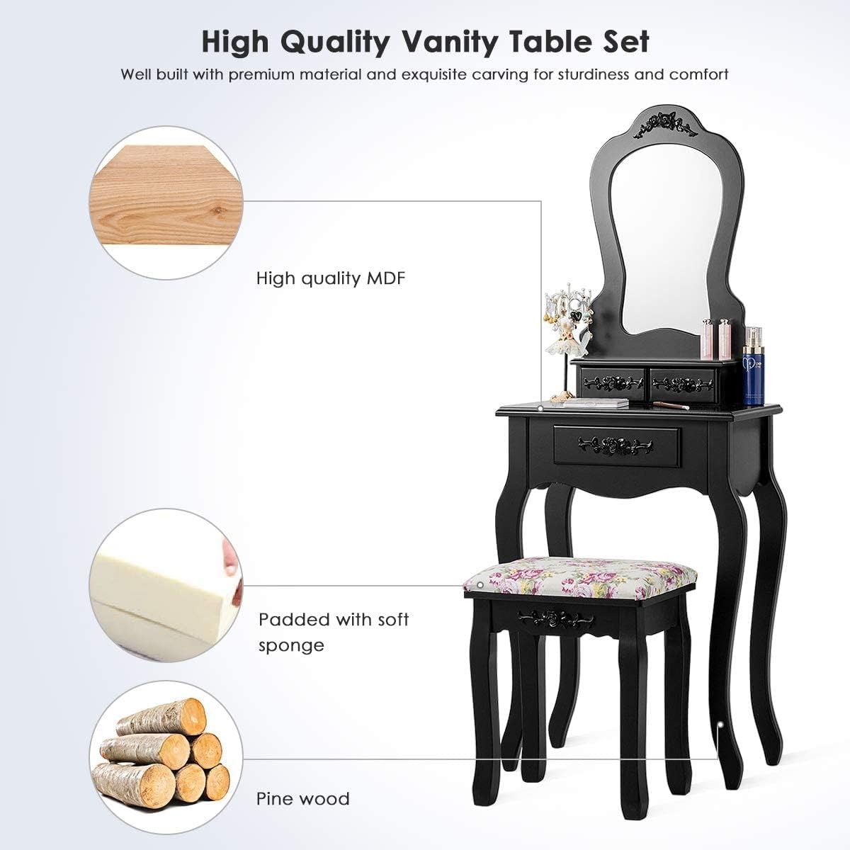 LDAILY Vanity Table Set with Cushioned Stool, Makeup Table with Clear Mirror & 3 Storage Drawers, Multipurpose Writing Desk, Bedroom Bathroom Small Space Dressing Table and Bench for Girl (Black)