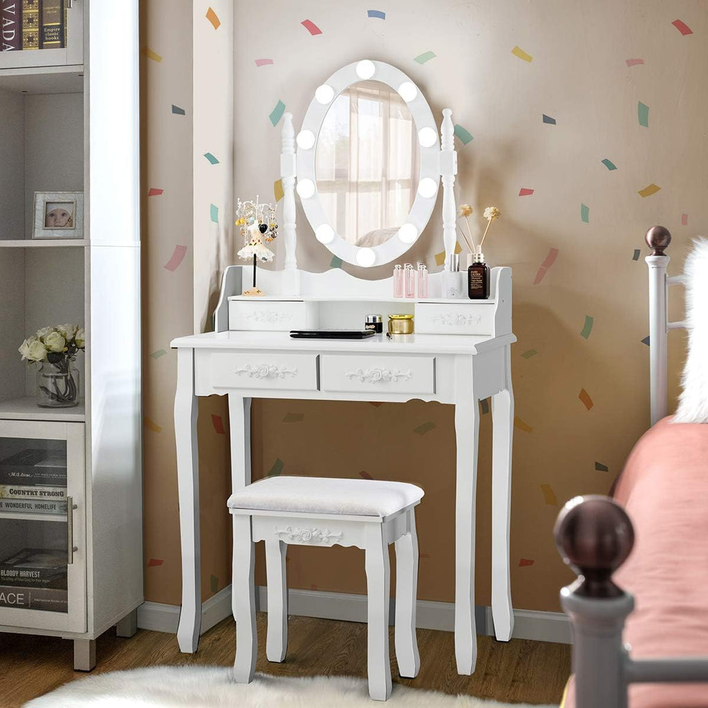DORTALA Vanity Table Set, Makeup Table with 10 Dimmable Bulbs Lighted Mirror & 4 Drawers, Cushioned Stool, Solid Wood Leg, Classic Dressing Table Set for Home, Salon, White