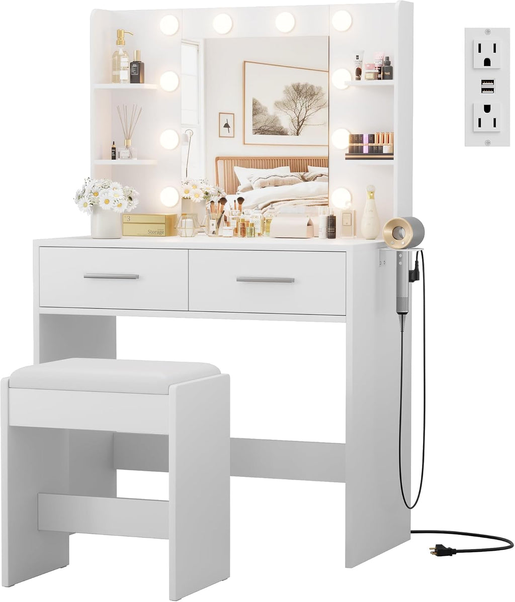 JUMMICO Makeup Vanity Desk with Mirror and Lights Power Outlet, Vanity Table Makeup Desk 2 Drawers, 6 Storage Shelves Hairdryer Holder & Bench Dressing Table for Bedroom (White, with Bench)