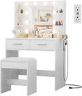 JUMMICO Makeup Vanity Desk with Mirror and Lights Power Outlet, Vanity Table Makeup Desk 2 Drawers, 6 Storage Shelves Hairdryer Holder & Bench Dressing Table for Bedroom (White, with Bench)