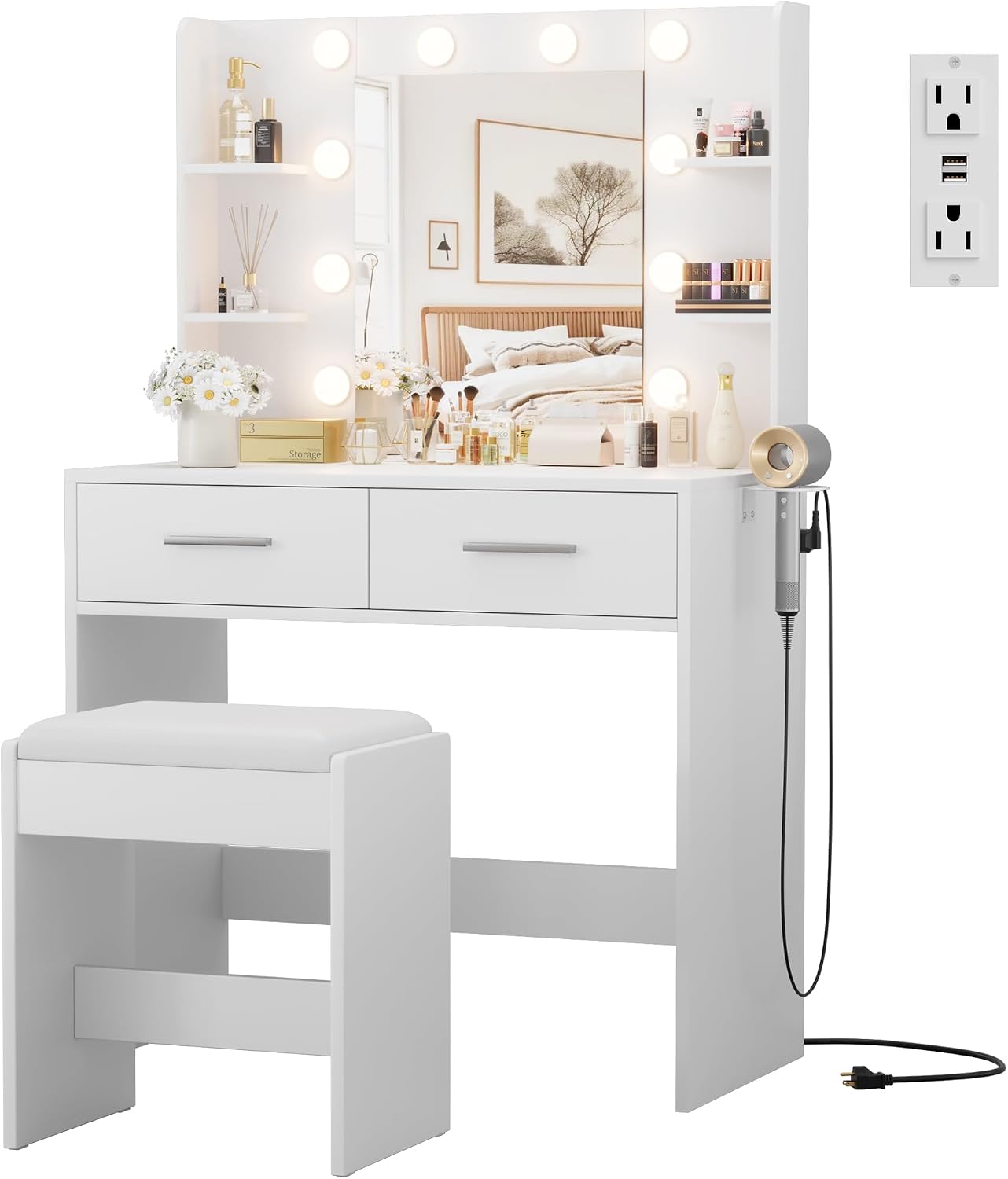 JUMMICO Makeup Vanity Desk with Mirror and Lights Power Outlet, Vanity Table Makeup Desk 2 Drawers, 6 Storage Shelves Hairdryer Holder & Bench Dressing Table for Bedroom (White, with Bench)