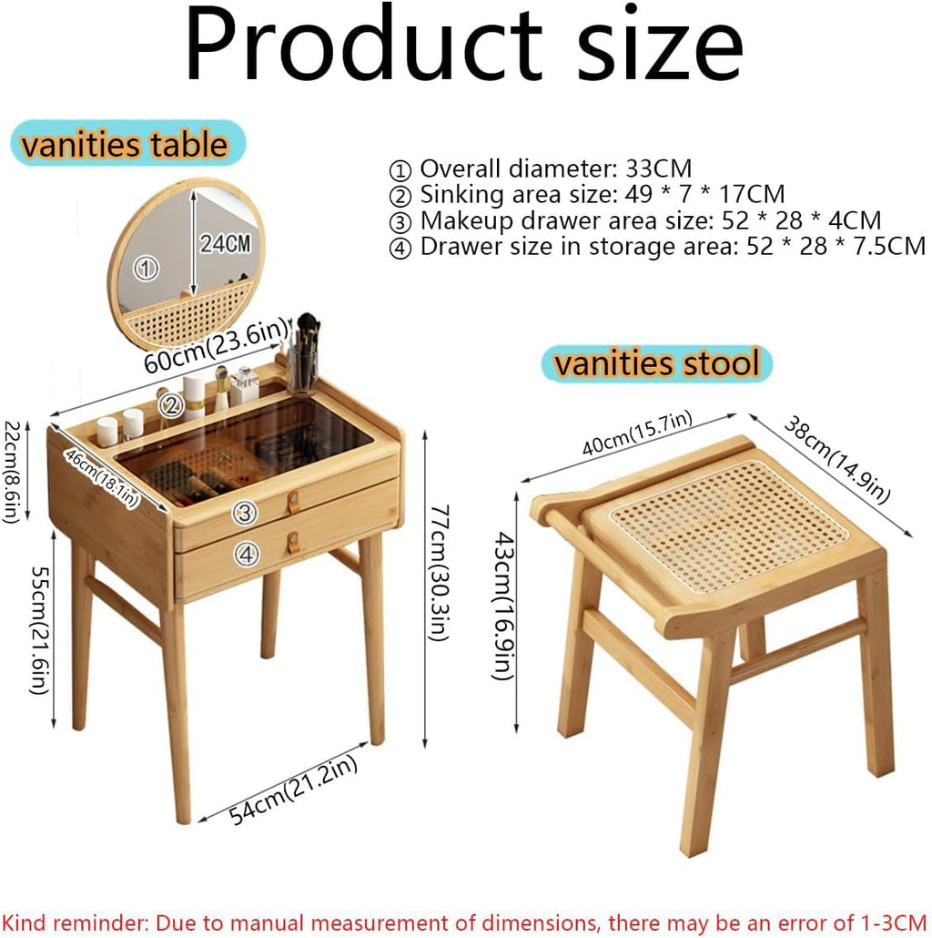 Japanese Vanity Desk, Dressing Table with Stool, Creative Dressing Mirror, Glass Countertop, Vanities & Vanity Benches, Sunken Storage Area