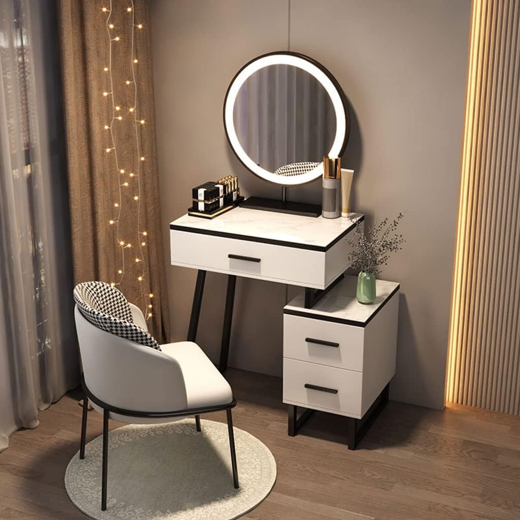 Vanity Benches Vanity Desk Set Glass Top Dresser Bedroom Ladies Fashion Dresser with Side Cabinet, Mirror, Vanity Stool (Color : A)