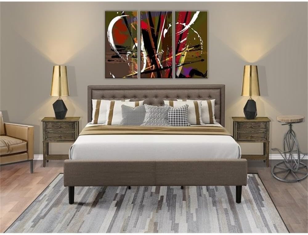 Pemberly Row 3-Piece Wood King Bedroom Set, Brown/Jacobean Finish, Includes King Platform Bed Frame with Linen Fabric Headboard and 2 Nightstands, Engineered Wood Construction for Elegant Bedroom