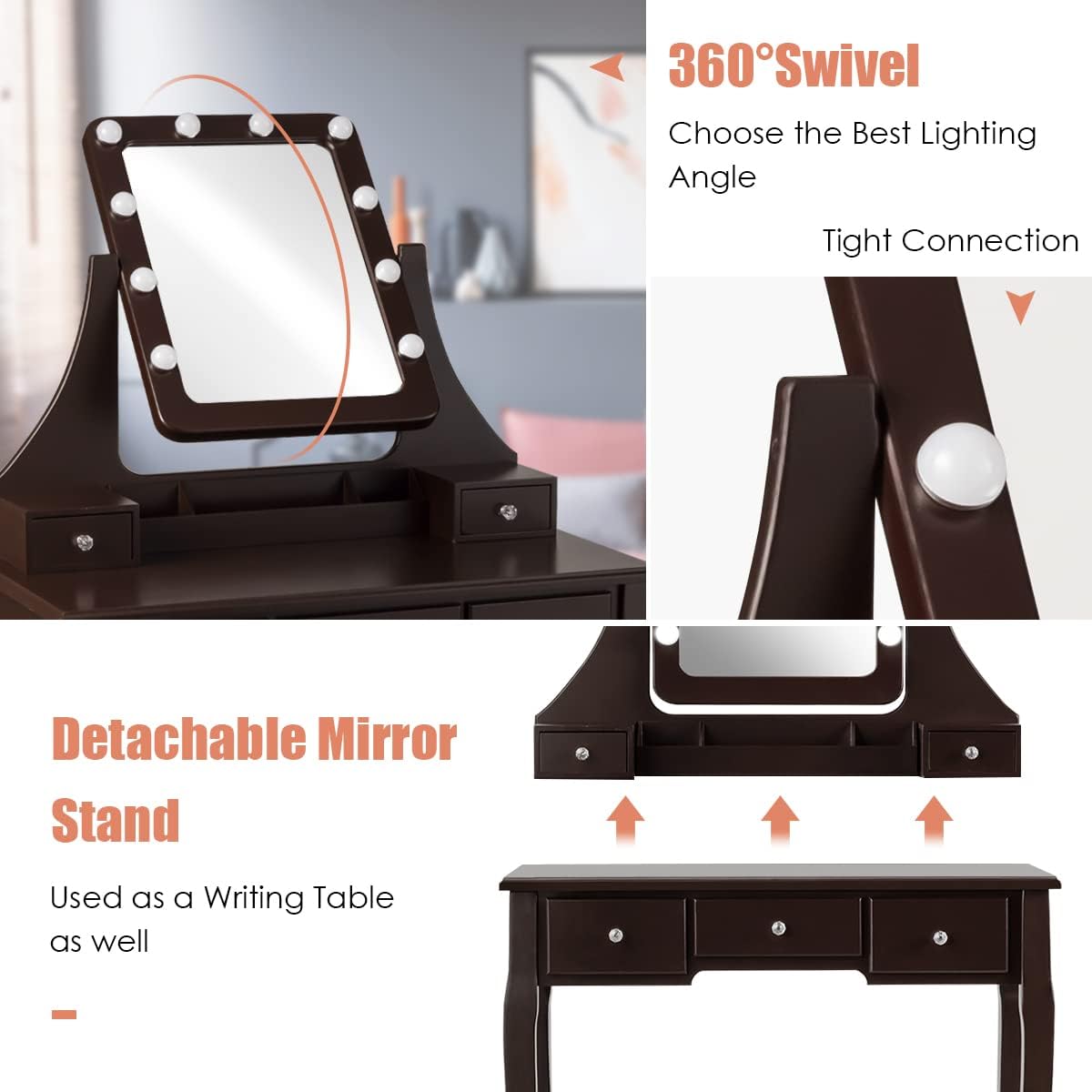 COSTWAY Vanity Desk Set with Lighted Mirror, 360° Swivel Vanity Mirror Desk w/ 10 LED Bulbs, Makeup Dressing Table with 5 Drawers, Vanity Table with Cushioned Stool for Bedroom, Women, Girls (Coffee)