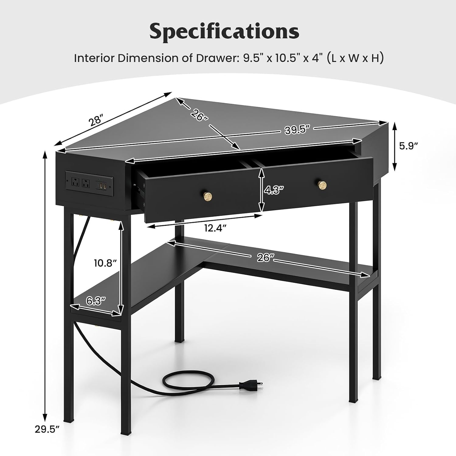 Corner Desk with Charging Station, 90° Triangle Desk w/ 2 Drawers, Storage Shelves, Corner Vanity Table for Bedroom, Compact Computer Desk for Small Space