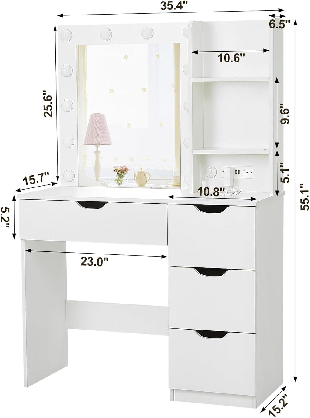 Modern Vanity Makeup Desk with Vanity Mirror, Built-in Lights, 4 Drawers, Crystal Ball Knobs, Power Outlet, White Makeup Desk for Bedroom