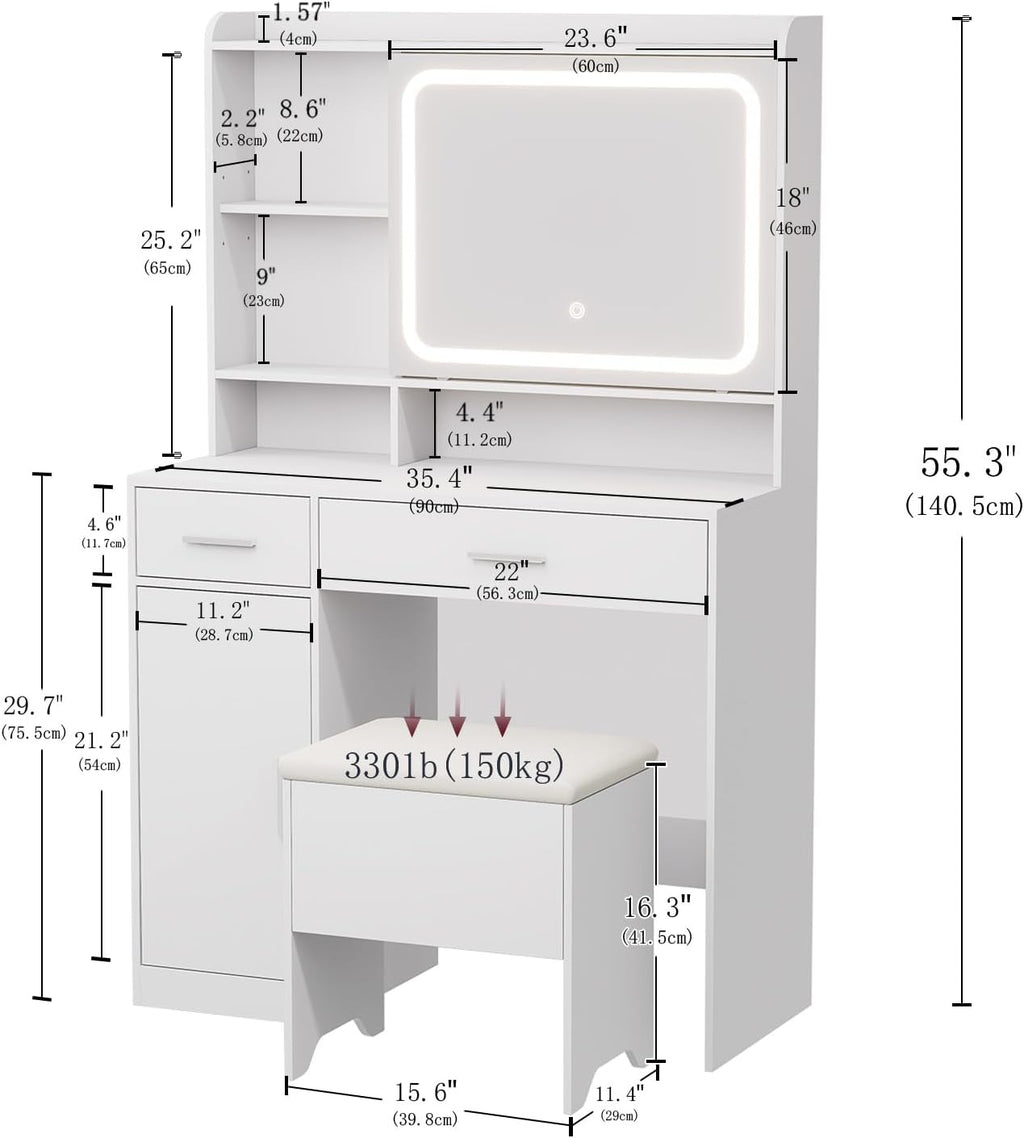 Vanity Desk with Sliding Mirror & Power Outlets - Dimmable LED Lighting, 4 Open Shelves, 2 Drawers, 1Storage Cabinet & Padded Stool - Ideal Bedroom Makeup Dressing Table （White）