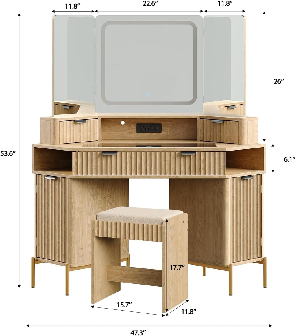Modern 48'' Fluted Makeup Vanity Desk with HD Triple Mirror & LED Lights – Spacious Corner Dressing Table with Glass Top, 3 Drawers & 2 Cabinets for Stylish Bedroom Decor (Oak)