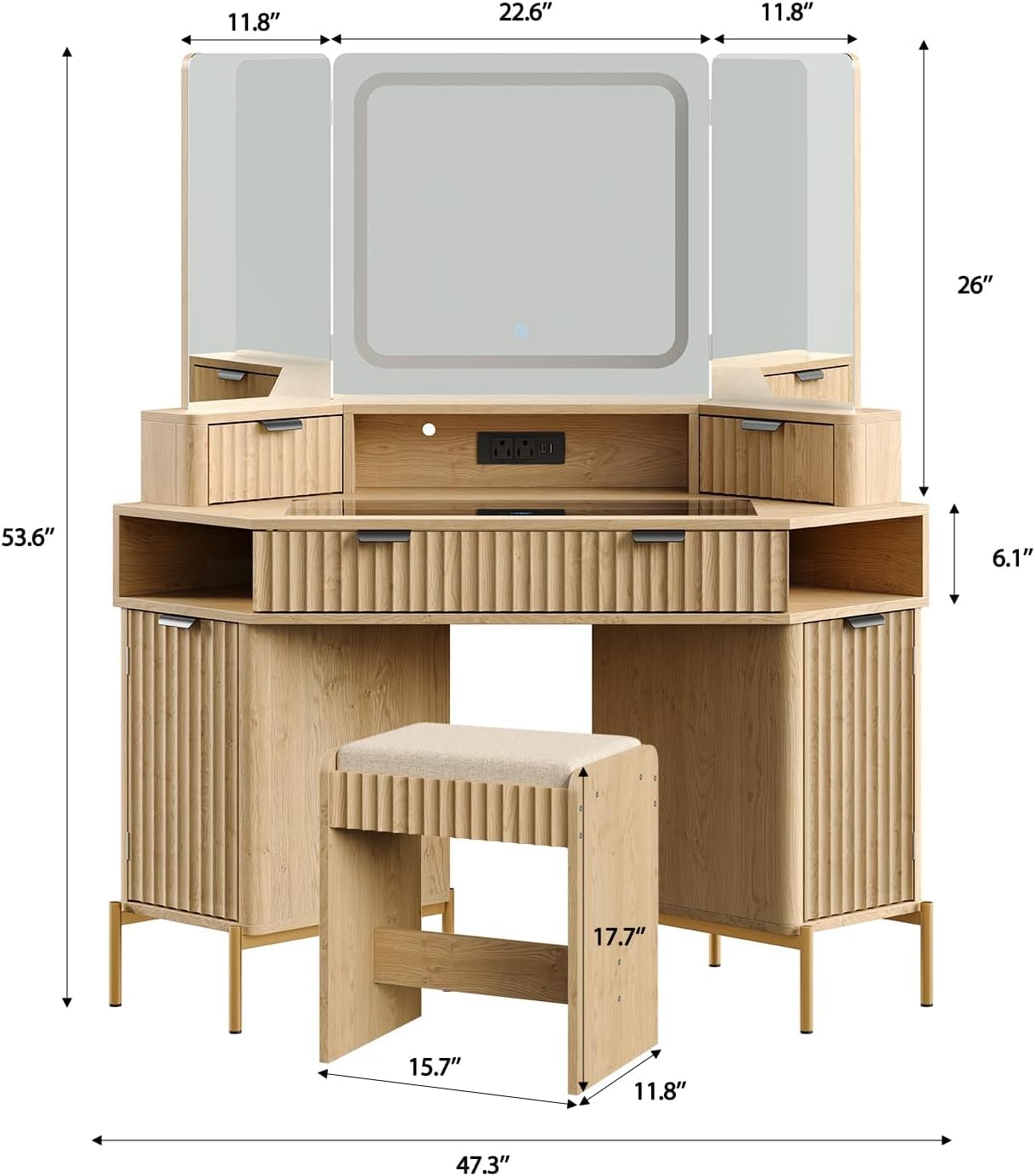 Modern 48'' Fluted Makeup Vanity Desk with HD Triple Mirror & LED Lights – Spacious Corner Dressing Table with Glass Top, 3 Drawers & 2 Cabinets for Stylish Bedroom Decor (Oak)