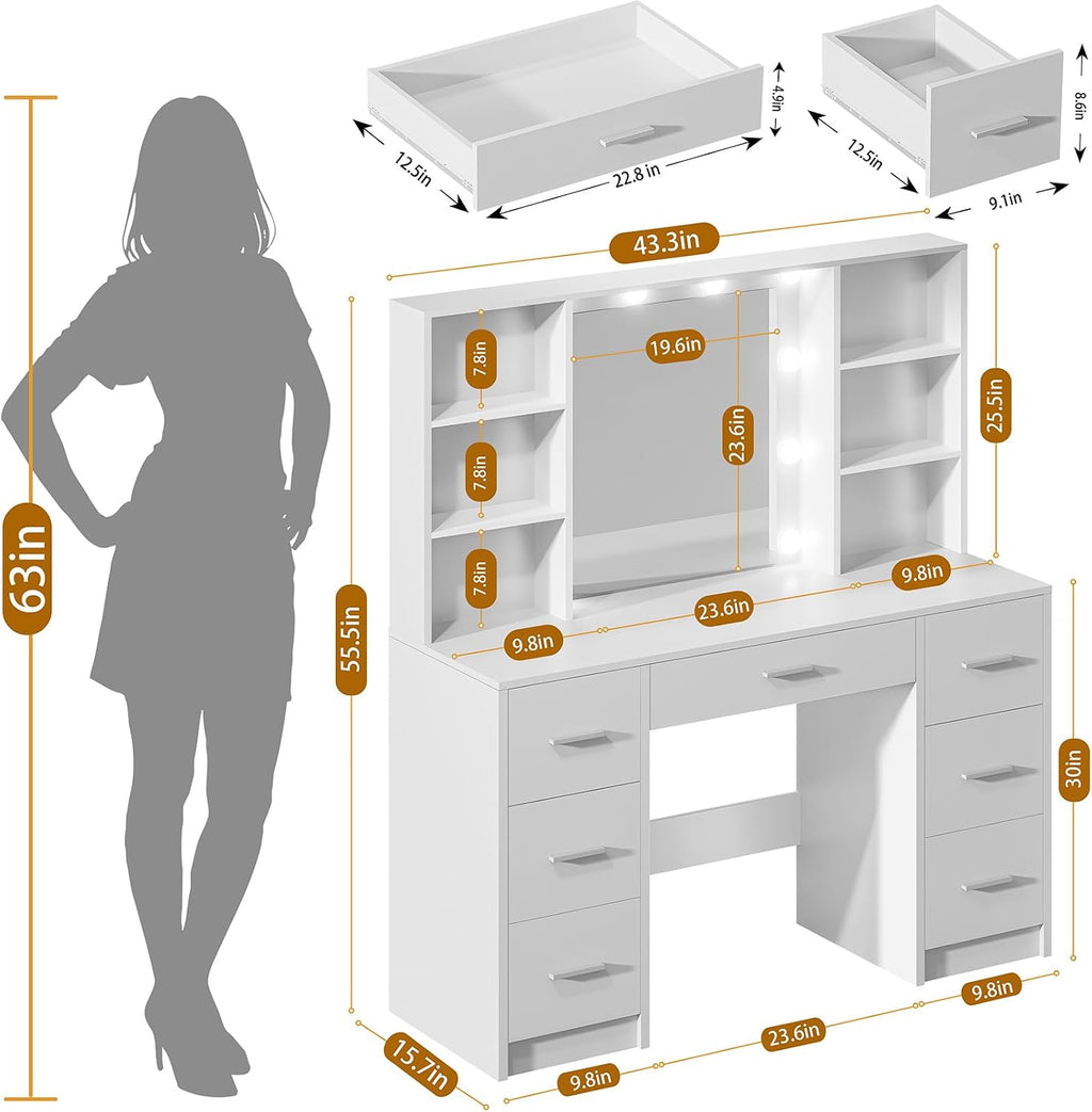 Vanity Desk with Mirror and LED Lights, Large Vanity with 7 Drawers and 6 Shelves, Make up Vanity Dressing Table with Charging Station for Girls, Women (White)