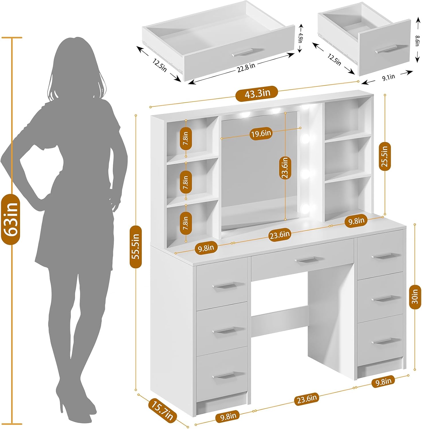 Vanity Desk with Mirror and LED Lights, Large Vanity with 7 Drawers and 6 Shelves, Make up Vanity Dressing Table with Charging Station for Girls, Women (White)