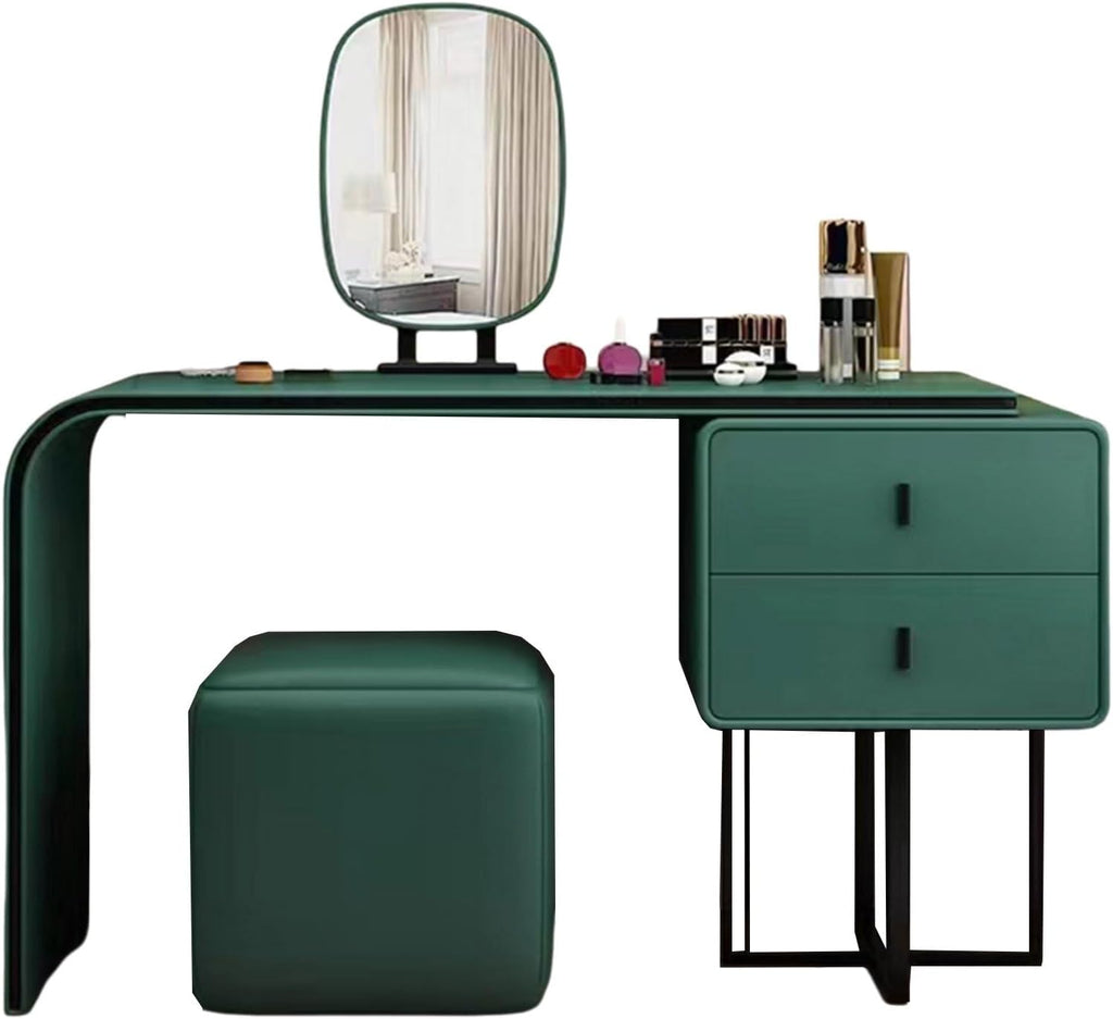 Makeup Table with Lighted Mirror and Chair Mirror 3 Colors Modes Dimming Rounded Corners Telescopic Adjustment Wood Vanity with Cushioned Stool(Green)