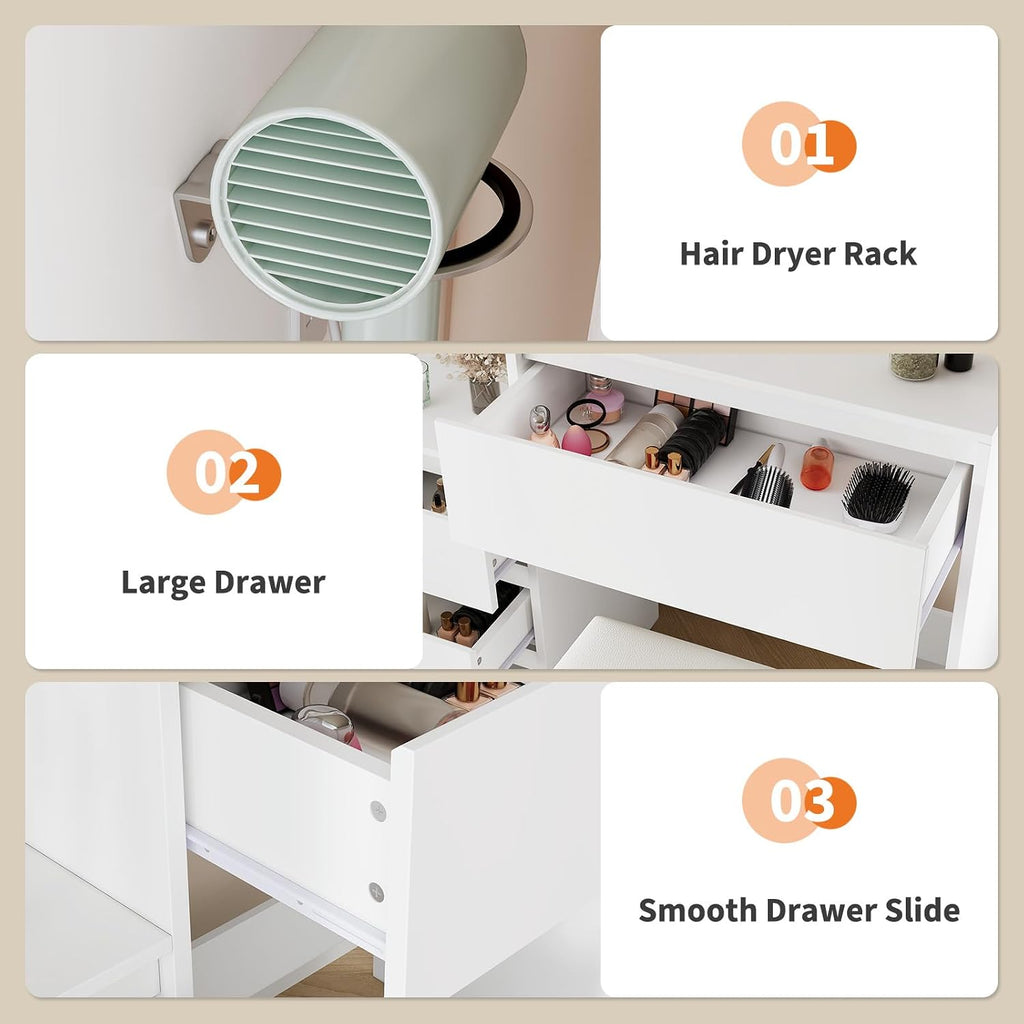 Vanity Set with Mirror and Adjustable Lights, Makeup Vanity Table with Built-in Charging Station, Vanity Desk with 4 Drawers, 4 Shelves, Vanity Bench for Bedroom-White