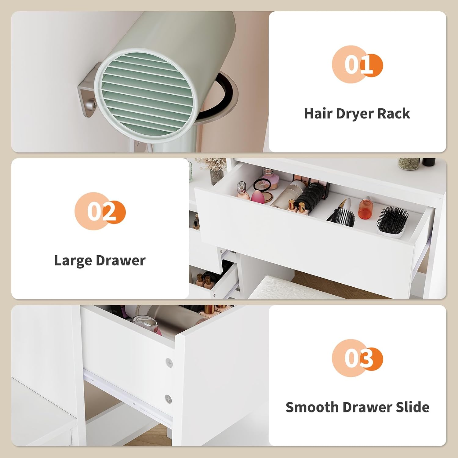 Vanity Set with Mirror and Adjustable Lights, Makeup Vanity Table with Built-in Charging Station, Vanity Desk with 4 Drawers, 4 Shelves, Vanity Bench for Bedroom-White