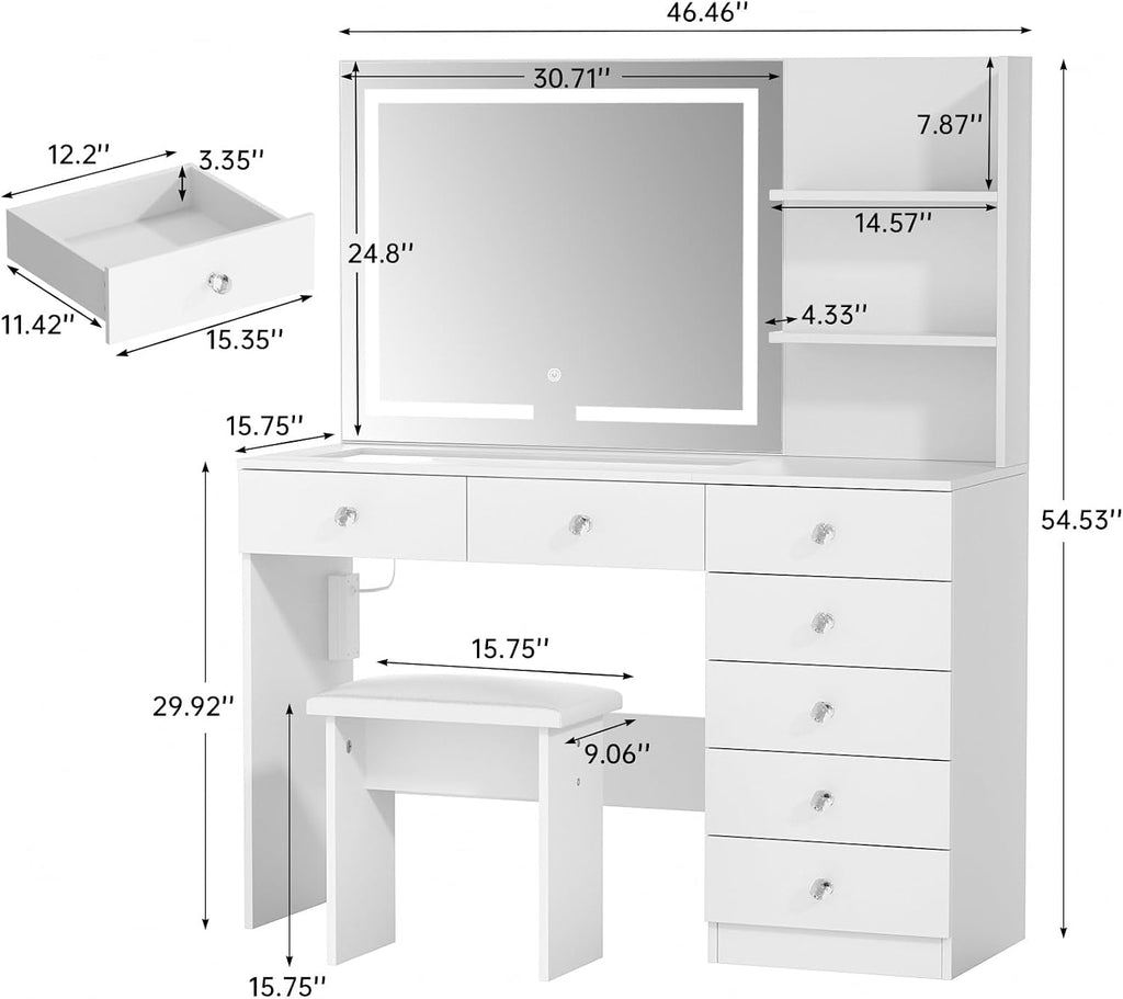 VOWNER Vanity with Mirror and Lights - 47' Glass Top Makeup Vanity Desk with 7 Drawers, 3 Storage Shelves and Outlet, 3 Color Lighting Modes Adjustable Brightness, Makeup Table for Bedroom (White)