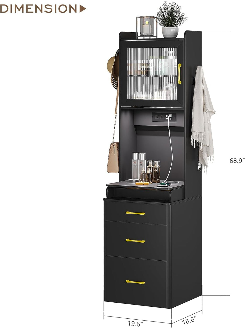 3 in 1 Vanity Desk with Mirror and Lights,Tall Makeup Vanity Set with Hidden Stool & Flip-up Mirror, Compact Make Up Vanity and Desk Combo for Small Spaces (Black)