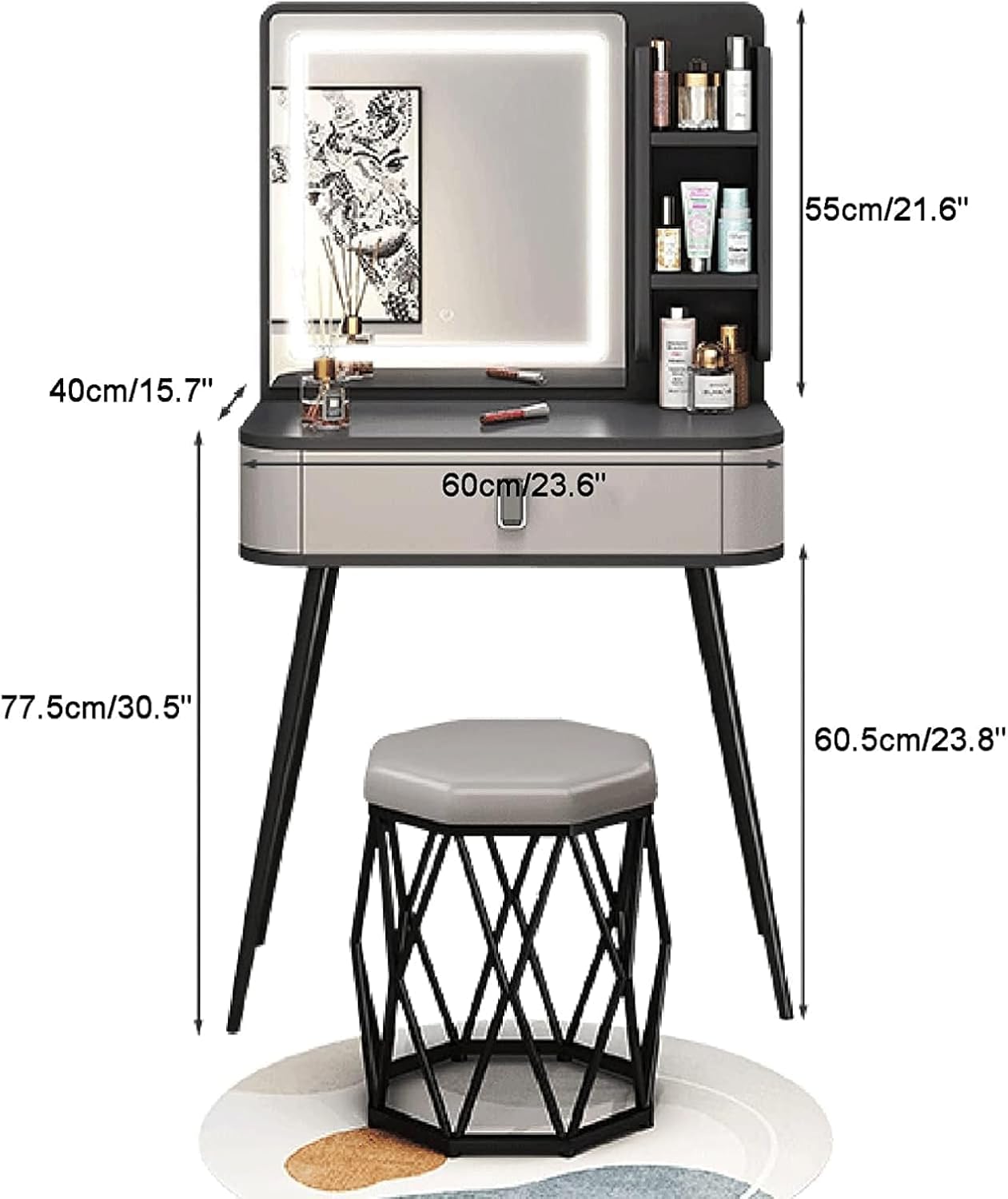 Rieort Vanity Desk MDF Vanity Table Set with Flip Top Lighted Mirror Makeup Table Cushioned Stool Home Nightstand Vanity Benches