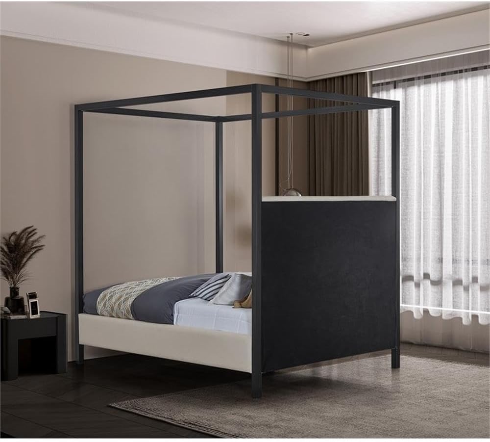 Meridian Furniture JamesGrey-K James Collection Modern | Contemporary King Bed with Beige Linen Textured Fabric, Matte Black Steel Canopy, Full Slats, 81' W x 85' D x 86' H, Beige, King