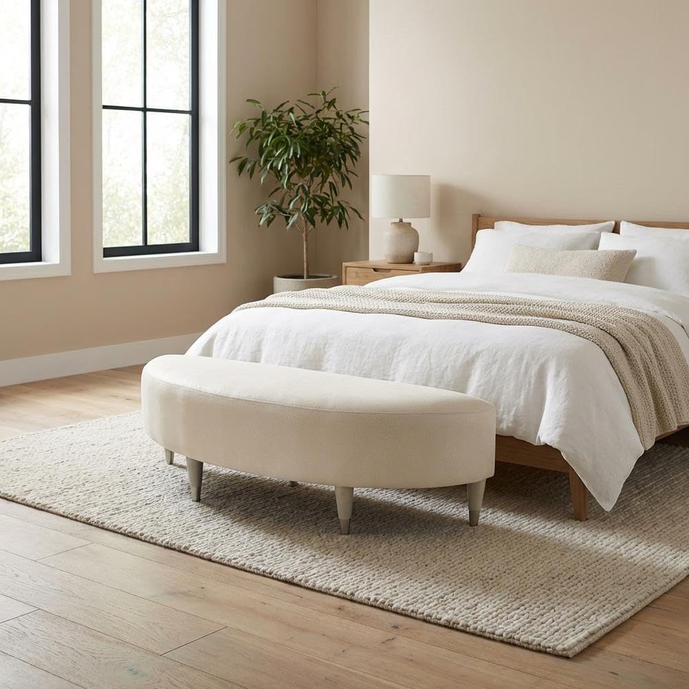 Michael Amini Eclipse Blue Bed Bench Solid & Manufactured Wood Frame Upholstered Ivory Polyester Seat Poplar Wood Base Comfortable Seating for Bedroom or Entryway
