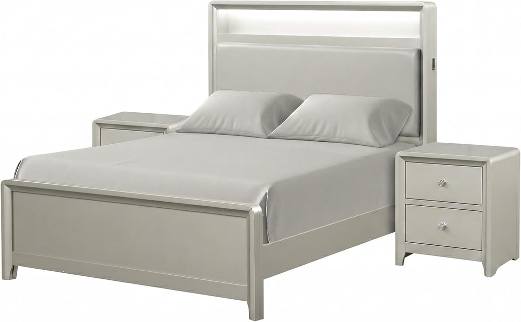 Furniture of America Standin Modern Solid Wood 3-Piece Bedroom Set with LED on Bookcase Headboard, USB-A and USB-C on Both Sides, Brushed Nickel Finish, Box Spring Needed, Full, Champagne
