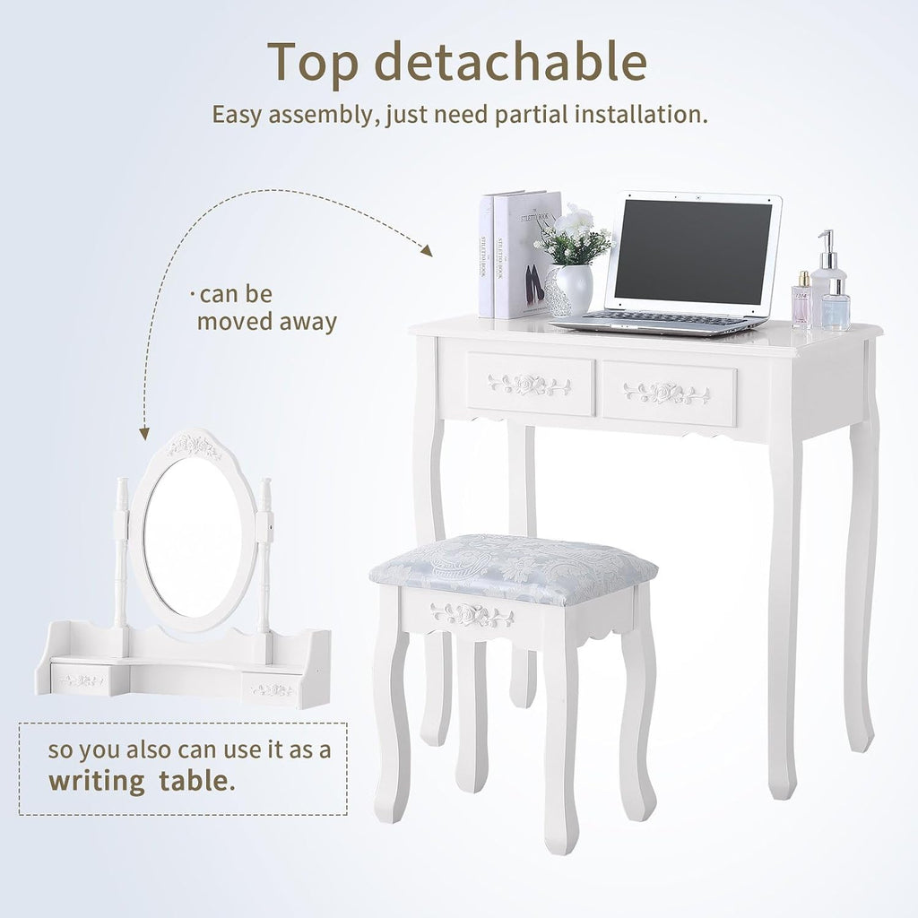 Whalefall Girls Makeup Vanity Set with Mirror and Stool, Small White Dressing Vanity Desk Table with Chair and Mirror (White Vanity)