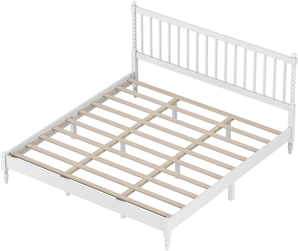 3 s Bedroom Sets King Size Wood Platform Bed with Gourd Shaped Headboard, Antique White