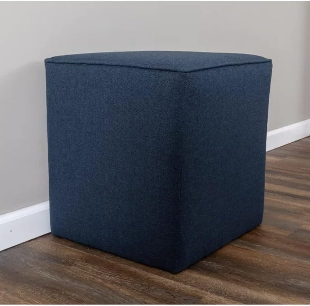 Beautiful Cocktail Square Ottoman Size 19'' H x 15'' W x 16'' D | Solid Wood, Hand Crafted Beautiful Aesthetic Footrest Vanity Stool Bench Small Cube Shape | Welt Edge & Clean Lines Navy Blue Color