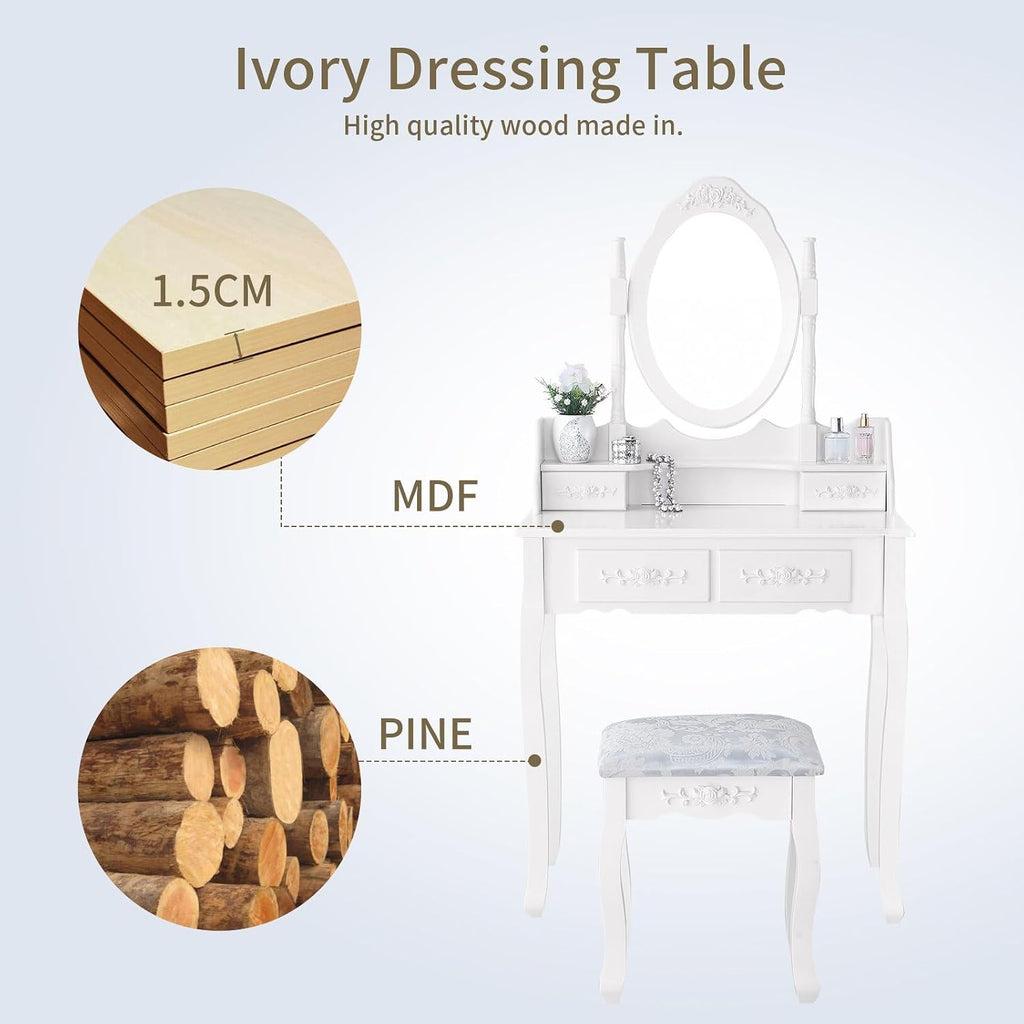 Whalefall Girls Makeup Vanity Set with Mirror and Stool, Small White Dressing Vanity Desk Table with Chair and Mirror (White Vanity)