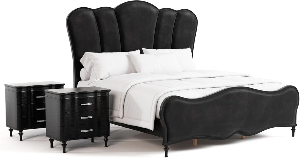 Furniture of America Seabliss Glam Solid Wood 3-Piece Bedroom Collection with Bed Frame and 3-Drawer Nightstands Set of 2, Box Spring Required, Black, Queen